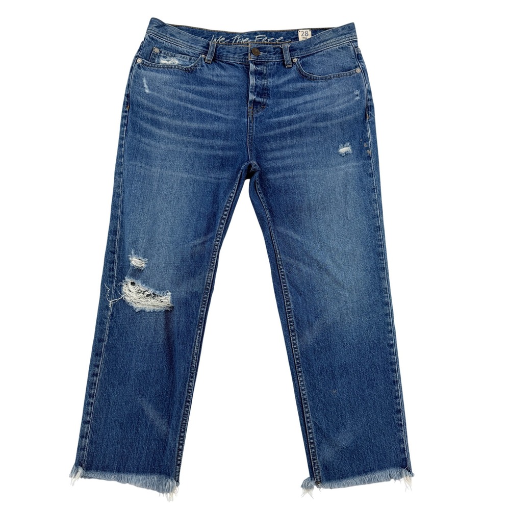 We The Free Free People Distressed Straight Leg Jeans Blue Low Rise Button Fly